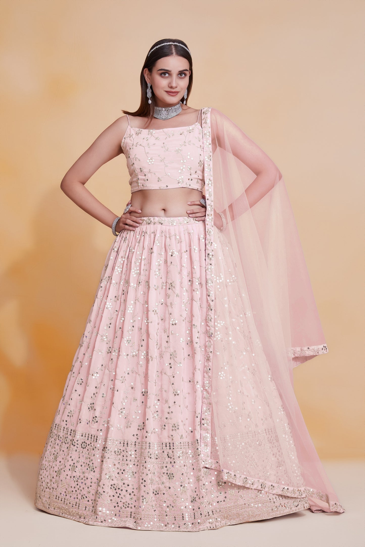 Elegant Pink Georgette Designer Lehenga Choli with Embroidery Work and Soft Net Dupatta