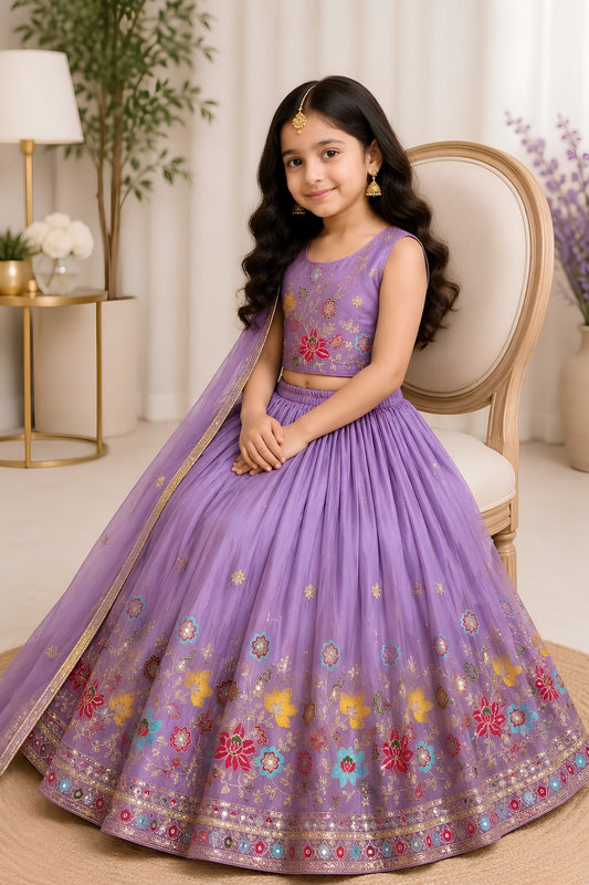 Beautiful Purple Floral Embroidered Lehenga Choli Set for Girls with Designer Dupatta