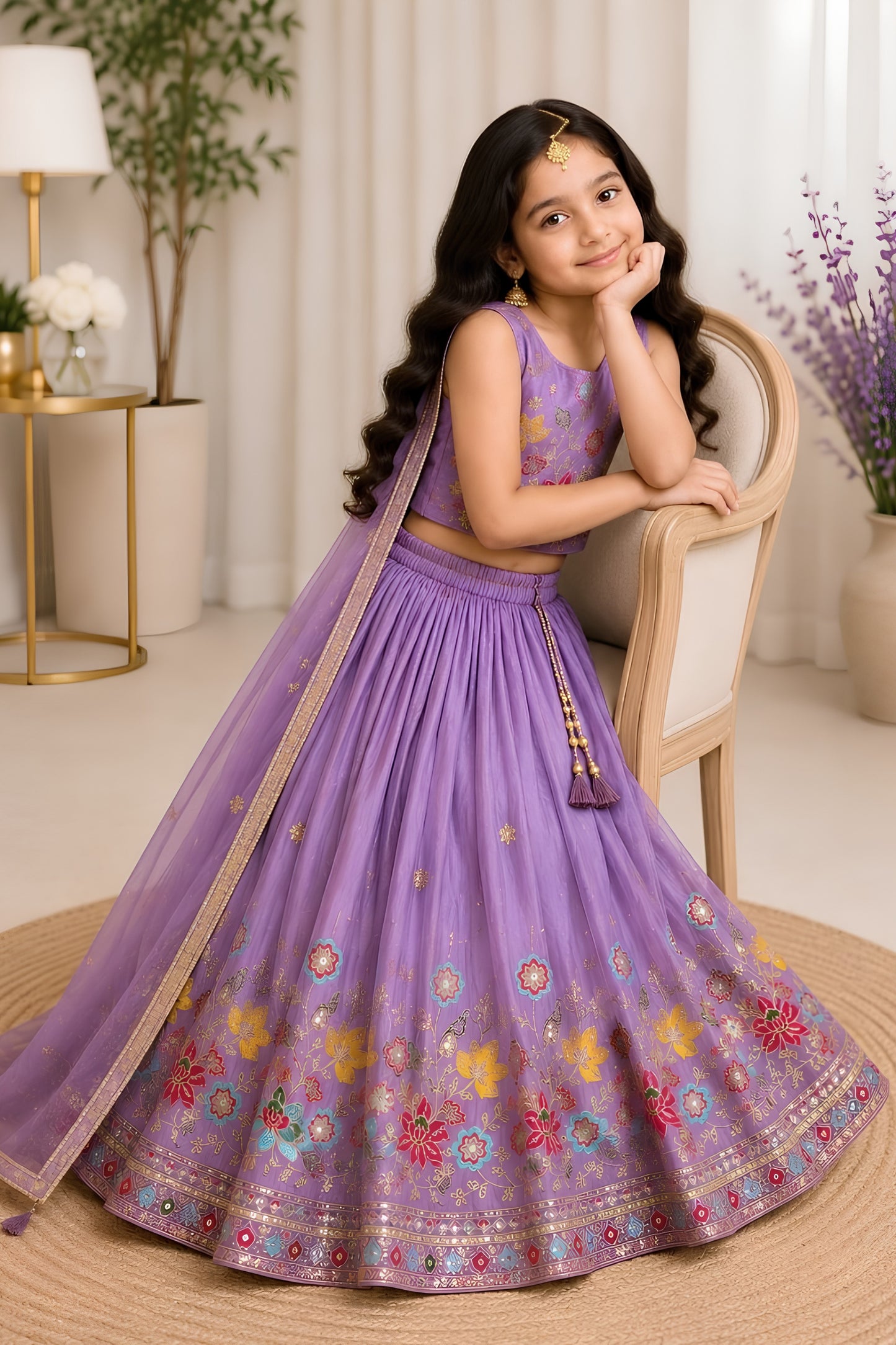 Beautiful Purple Floral Embroidered Lehenga Choli Set for Girls with Designer Dupatta