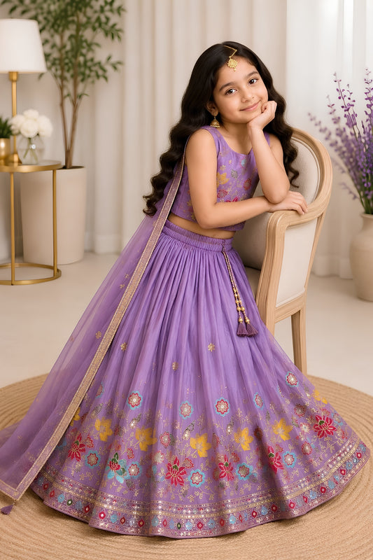 Beautiful Purple Floral Embroidered Lehenga Choli Set for Girls with Designer Dupatta