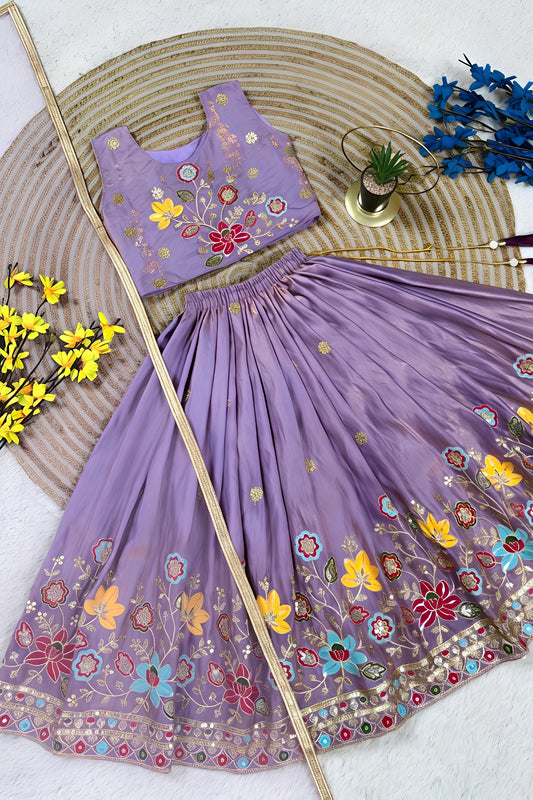 Beautiful Purple Floral Embroidered Lehenga Choli Set for Girls with Designer Dupatta