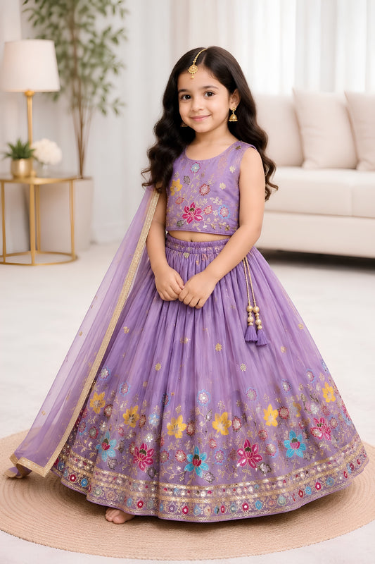 Beautiful Purple Floral Embroidered Lehenga Choli Set for Girls with Designer Dupatta