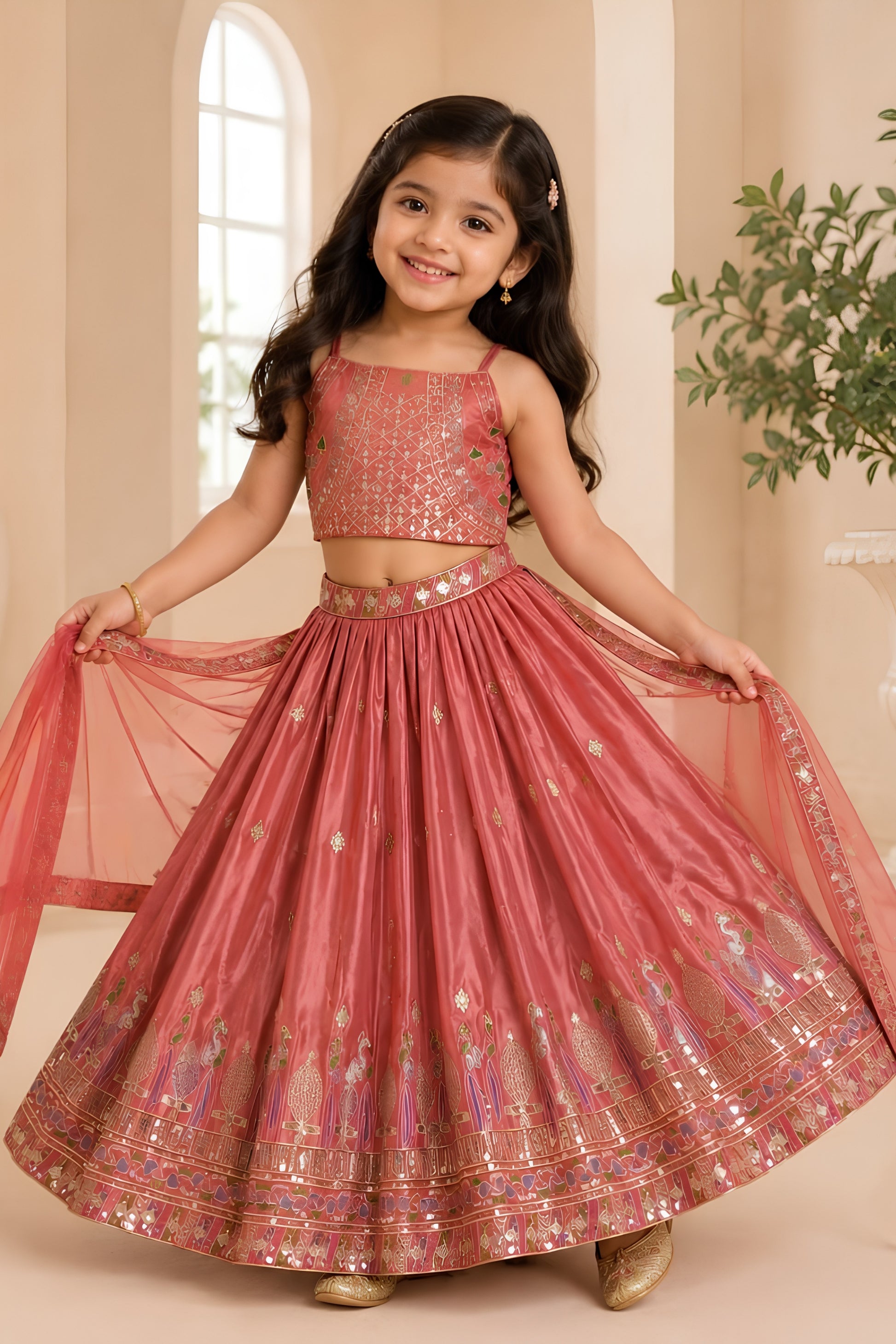Gorgeous Rose Pink Designer Lehenga Choli Set for Girls with Printed Work and Dupatta