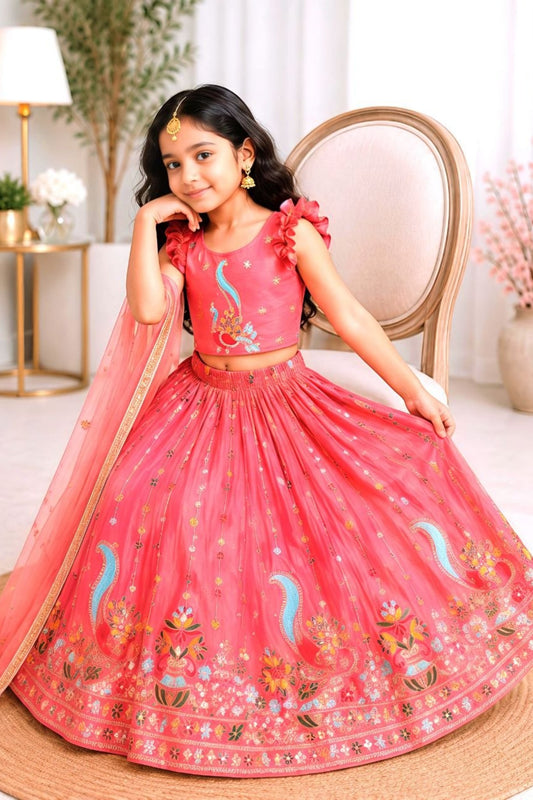 Stylish Pink Designer Lehenga Choli Set for Girls with Embroidered Work and Dupatta
