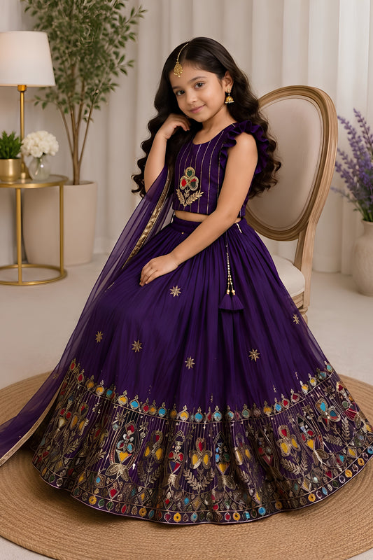 Stunning Purple Designer Lehenga Choli Set for Girls with Embroidered Work and Dupatta