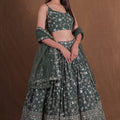 Stylish Rama Green Georgette Designer Lehenga Choli with Embroidery Work and Soft Net Dupatta