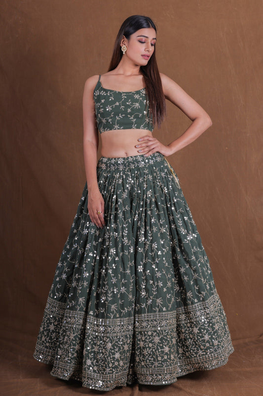 Stylish Rama Green Georgette Designer Lehenga Choli with Embroidery Work and Soft Net Dupatta