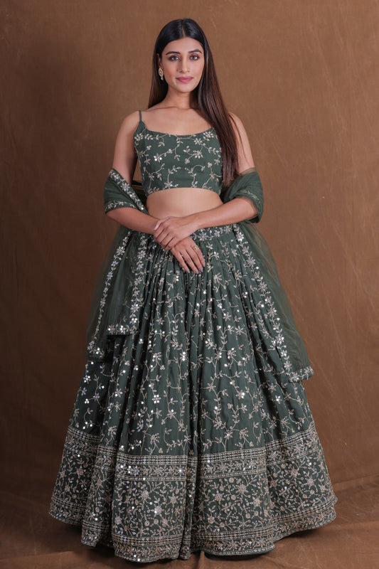 Stylish Rama Green Georgette Designer Lehenga Choli with Embroidery Work and Soft Net Dupatta