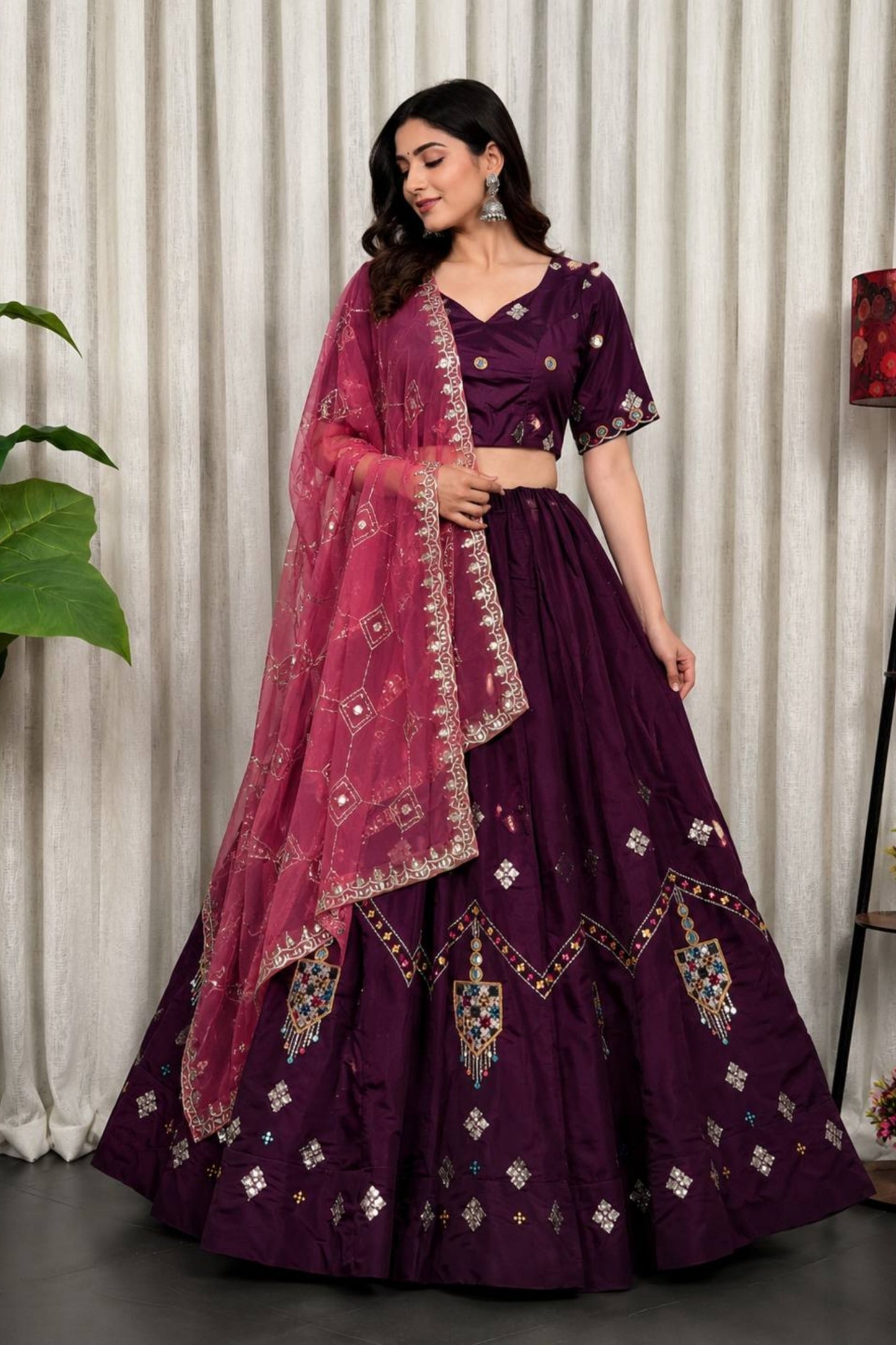 Royal Wine Designer Lehenga Choli with Embroidery Work and Dupatta for Women