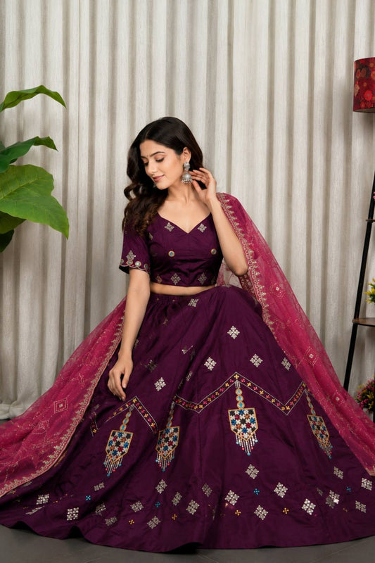 Royal Wine Designer Lehenga Choli with Embroidery Work and Dupatta for Women