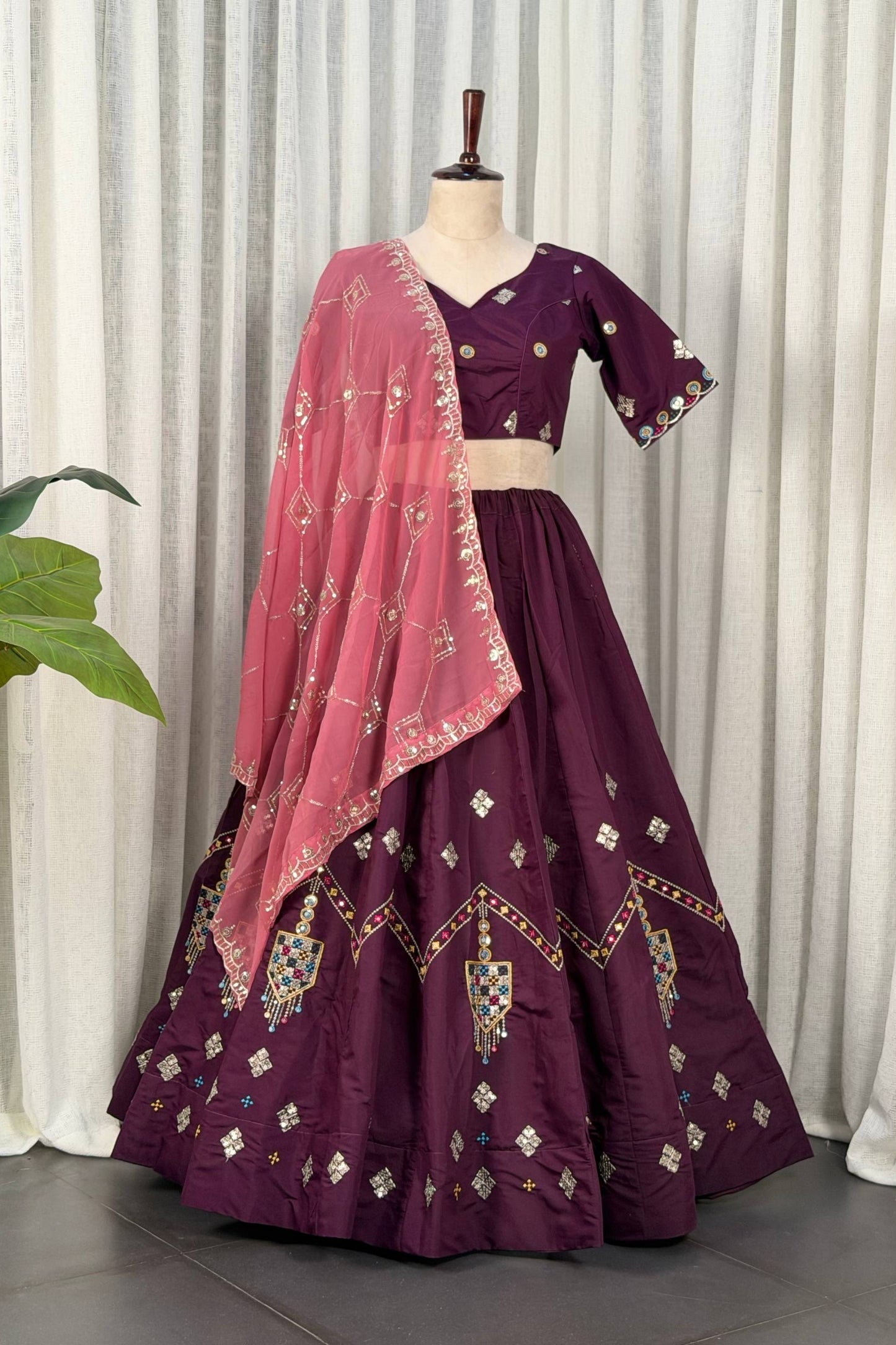 Royal Wine Designer Lehenga Choli with Embroidery Work and Dupatta for Women