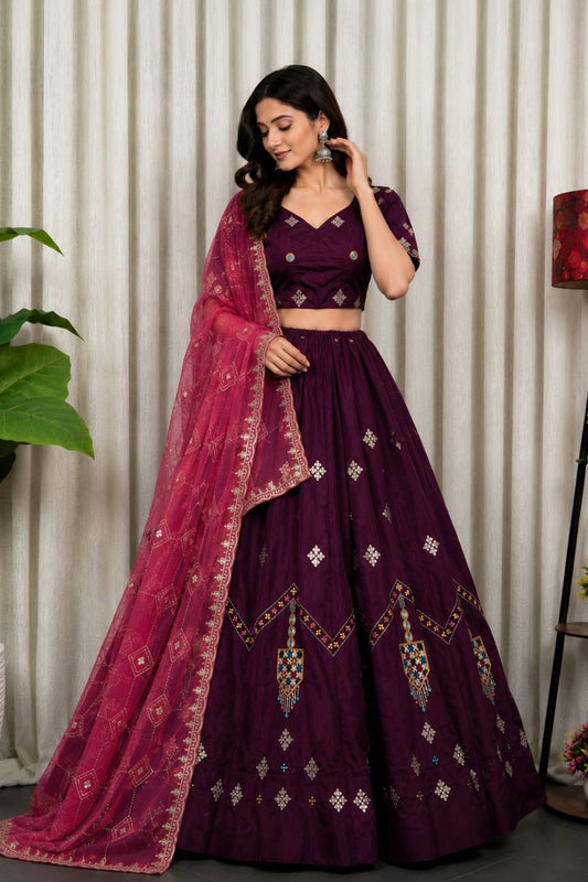 Royal Wine Designer Lehenga Choli with Embroidery Work and Dupatta for Women
