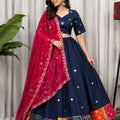 Elegant Navy Blue Designer Lehenga Choli with Embroidery Work and Red Dupatta for Women