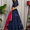 Elegant Navy Blue Designer Lehenga Choli with Embroidery Work and Red Dupatta for Women