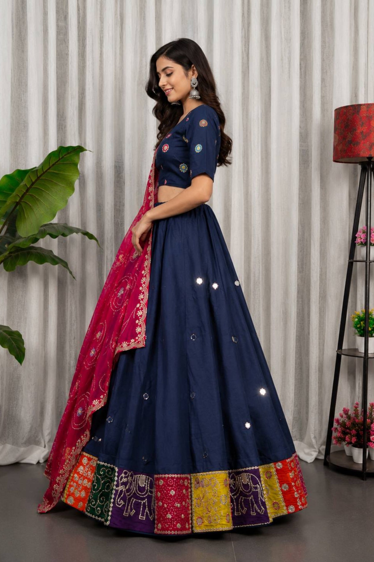 Elegant Navy Blue Designer Lehenga Choli with Embroidery Work and Red Dupatta for Women