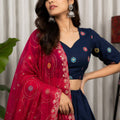 Elegant Navy Blue Designer Lehenga Choli with Embroidery Work and Red Dupatta for Women