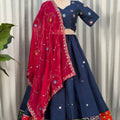 Elegant Navy Blue Designer Lehenga Choli with Embroidery Work and Red Dupatta for Women
