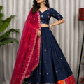 Elegant Navy Blue Designer Lehenga Choli with Embroidery Work and Red Dupatta for Women