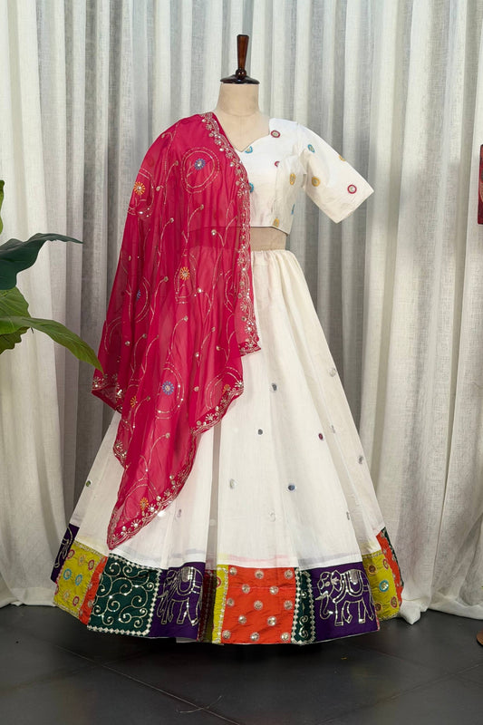 Stylish White Designer Lehenga Choli with Embroidery Work and Rani Pink Dupatta for Women