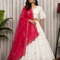 Stylish White Designer Lehenga Choli with Embroidery Work and Rani Pink Dupatta for Women