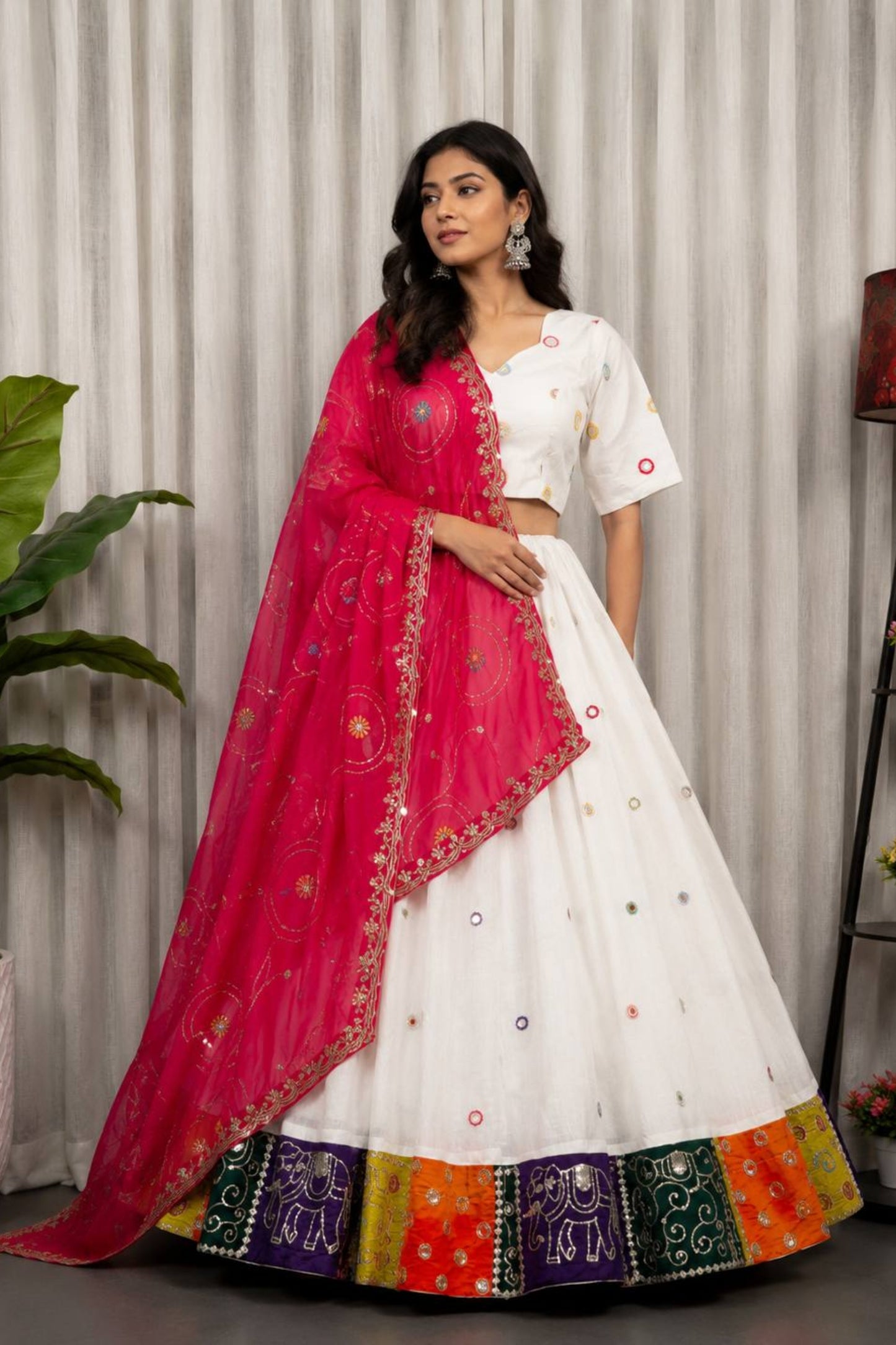 Stylish White Designer Lehenga Choli with Embroidery Work and Rani Pink Dupatta for Women