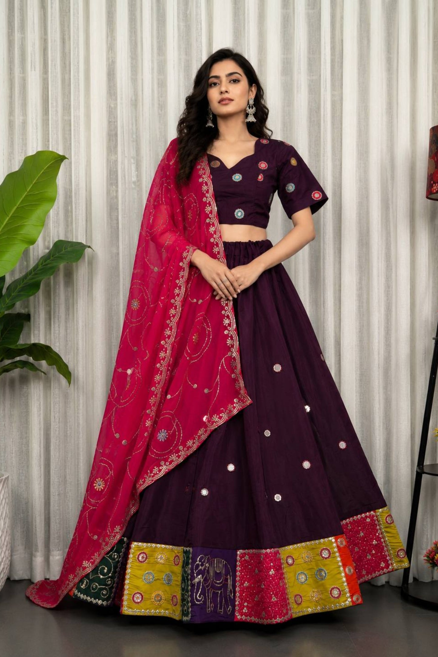 Stunning Wine Designer Lehenga Choli with Embroidery Work and Rani Pink Dupatta for Women