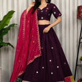 Stunning Wine Designer Lehenga Choli with Embroidery Work and Rani Pink Dupatta for Women
