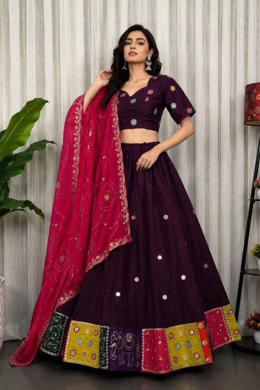 Stunning Wine Designer Lehenga Choli with Embroidery Work and Rani Pink Dupatta for Women