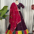Stunning Wine Designer Lehenga Choli with Embroidery Work and Rani Pink Dupatta for Women