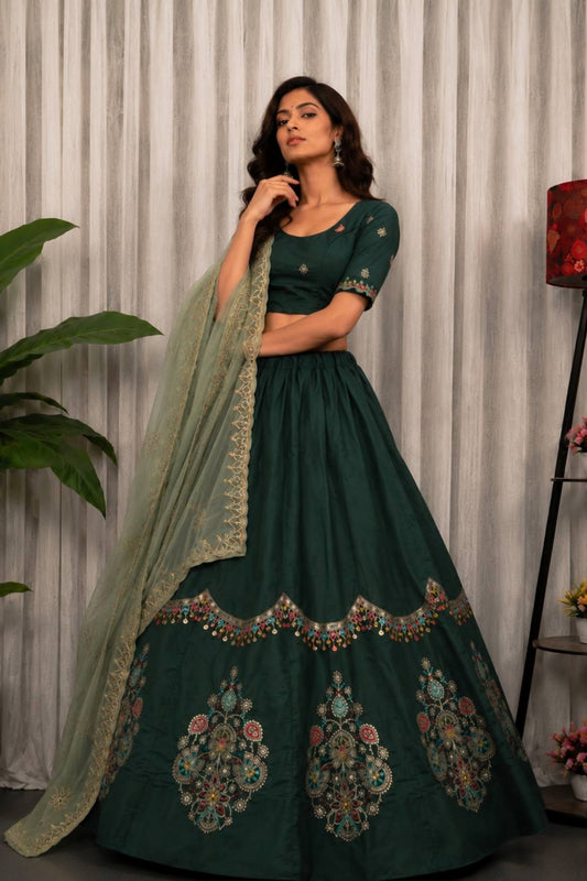 Charming Rama Green Designer Lehenga Choli with Embroidery Work and Green Dupatta for Women
