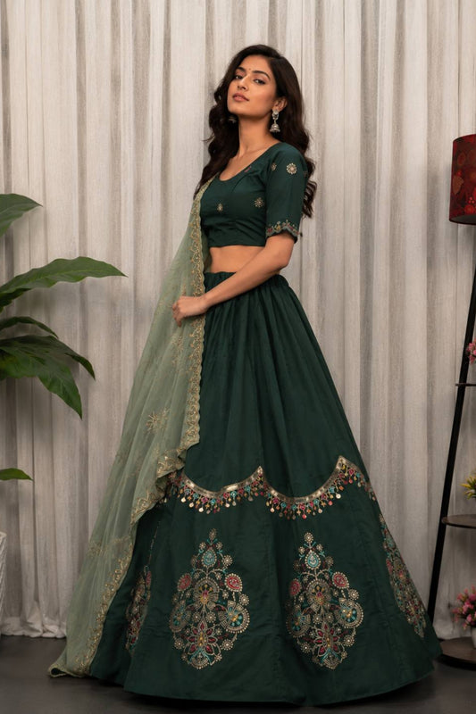 Charming Rama Green Designer Lehenga Choli with Embroidery Work and Green Dupatta for Women