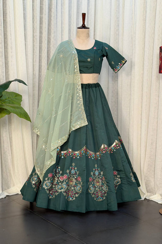 Charming Rama Green Designer Lehenga Choli with Embroidery Work and Green Dupatta for Women