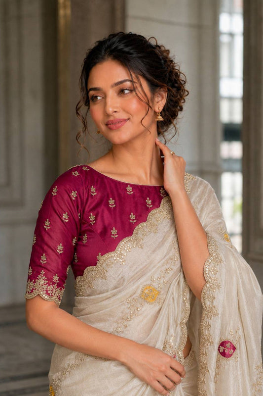 Elegant Off White Fendy Satin Silk Mono Banglory Saree for Women