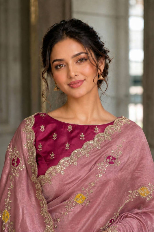 Elegant Dusty Pink Fendy Satin Silk Mono Banglory Saree for Women