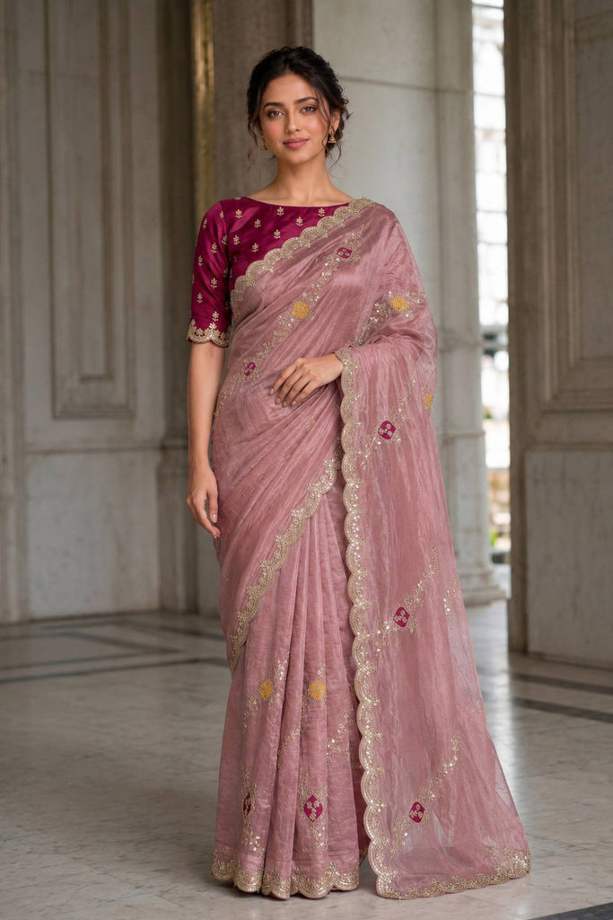 Elegant Dusty Pink Fendy Satin Silk Mono Banglory Saree for Women