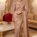 Luxury Rose Gold Pure Kanjivaram Silk Saree Cutdana Beads Embroidery Work Border