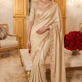 Elegant Gold Pure Kanjivaram Silk Saree Cutdana Beads Embroidery Work Border