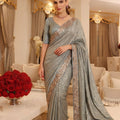 Premium Steel Grey Pure Kanjivaram Silk Saree Cutdana Beads Embroidery Border