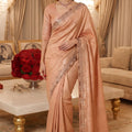 Beautiful Peach Pure Kanjivaram Silk Saree Cutdana Beads Embroidery Work Border