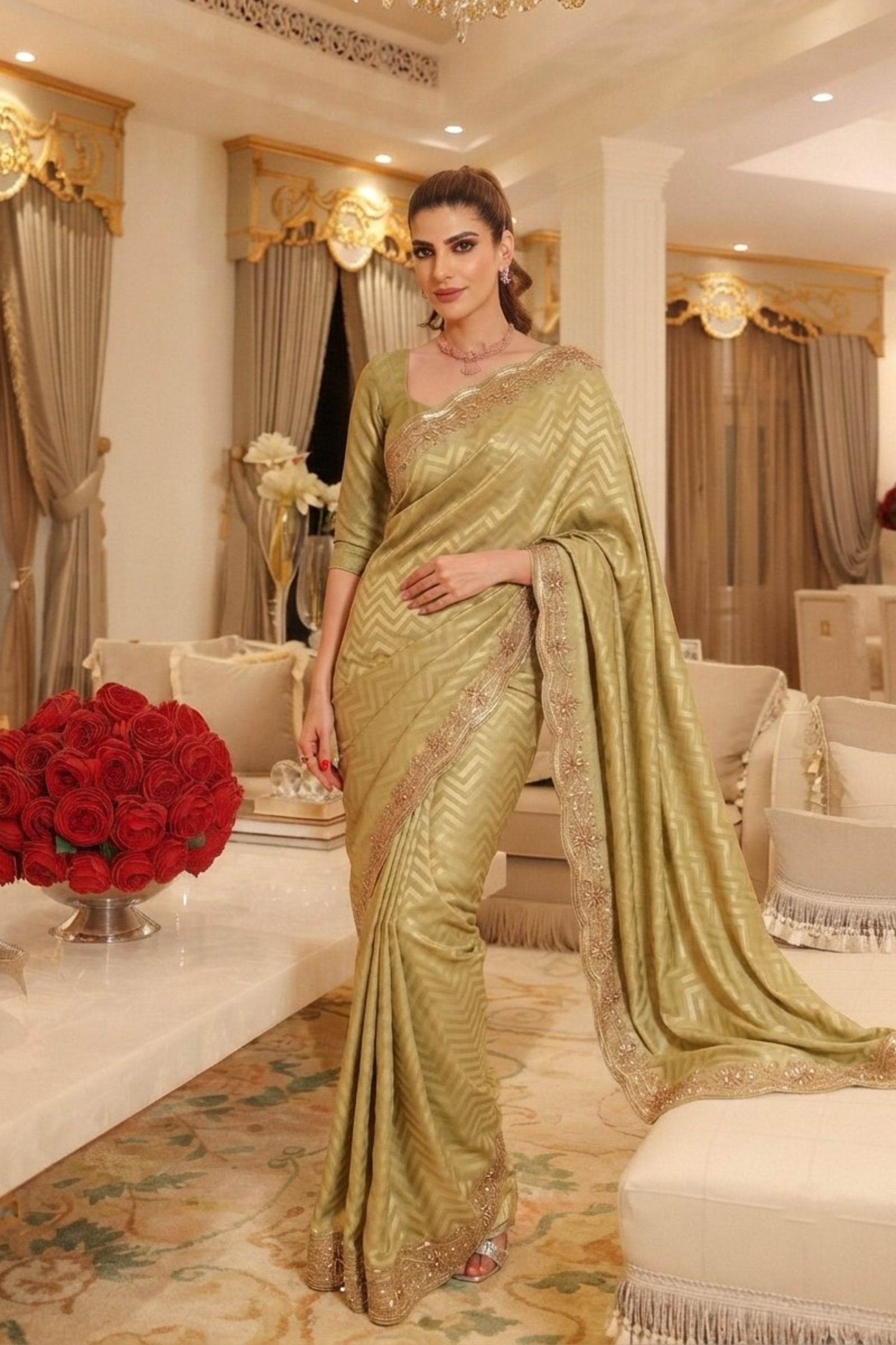 Graceful Olive Green Pure Kanjivaram Silk Saree Cutdana Beads Embroidery Work Border
