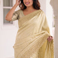 Elegant Cream Pure Kanjivaram Silk Embroidery Work Border Saree for Women
