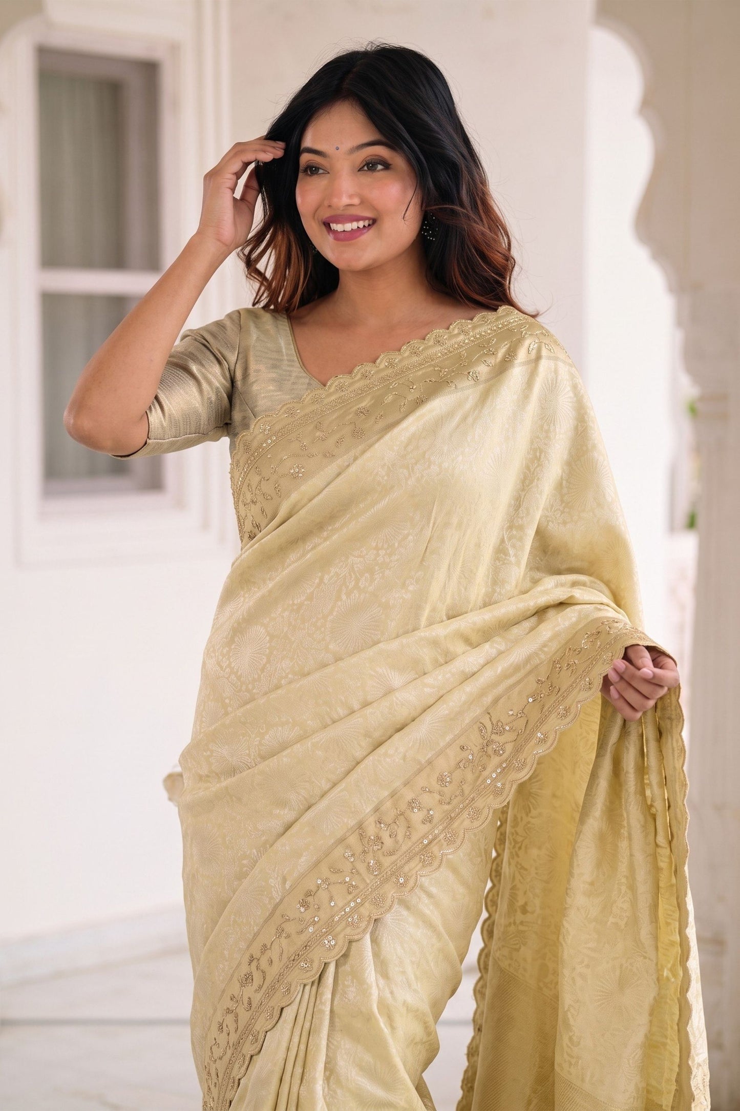 Elegant Cream Pure Kanjivaram Silk Embroidery Work Border Saree for Women