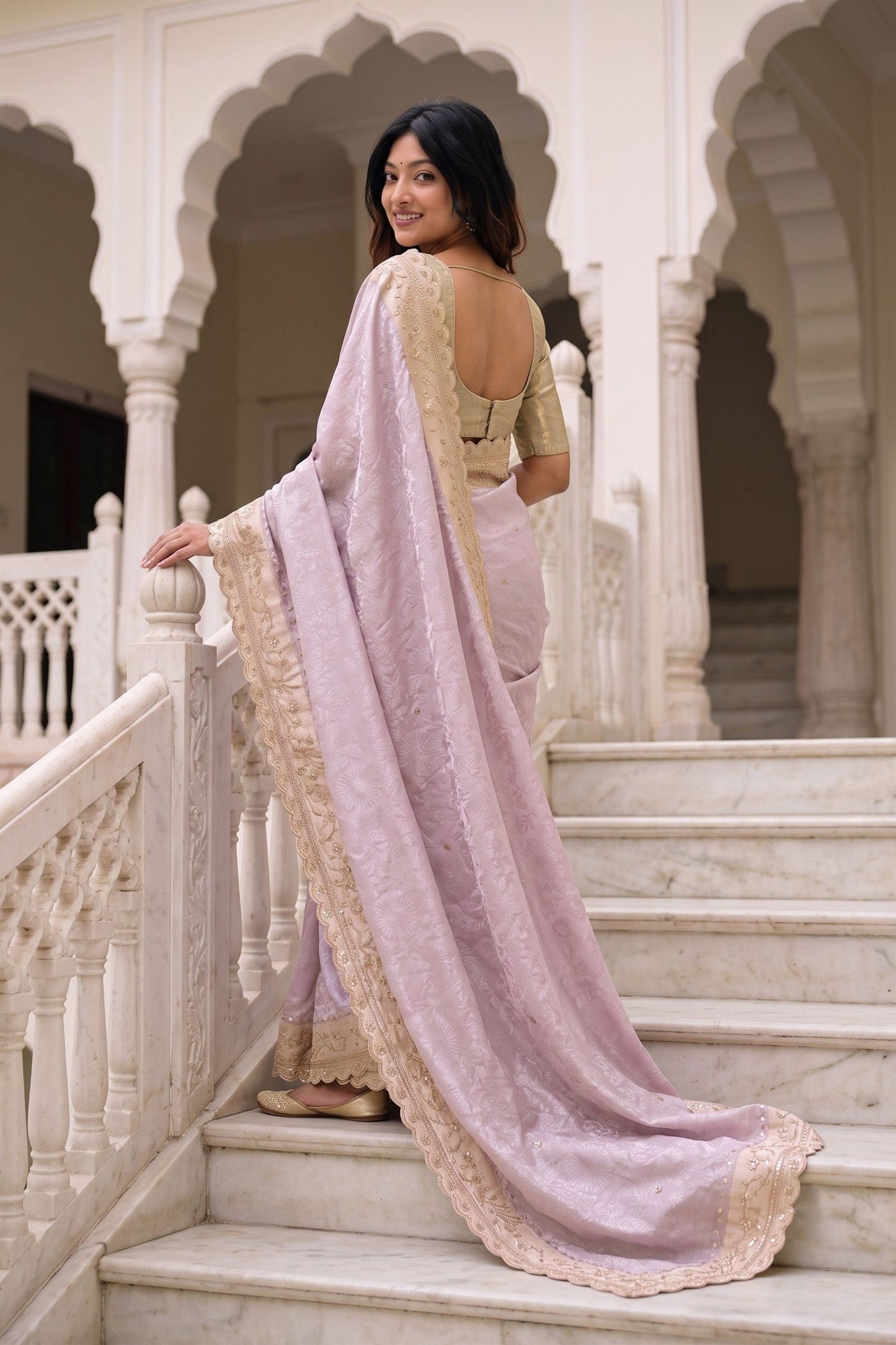 Luxury Lavender Pure Kanjivaram Silk Embroidery Border Saree for Women