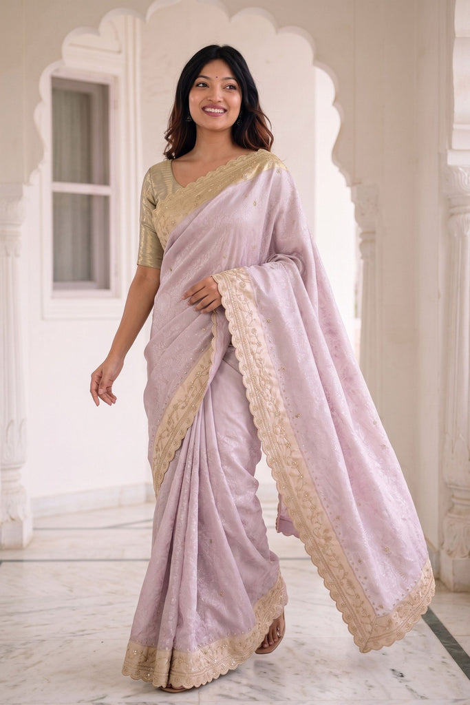 Luxury Lavender Pure Kanjivaram Silk Embroidery Border Saree for Women