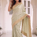 Premium Pista Green Pure Kanjivaram Silk Embroidery Work Saree for Women