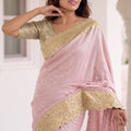 Beautiful Pink Pure Kanjivaram Silk Embroidery Work Saree for Women