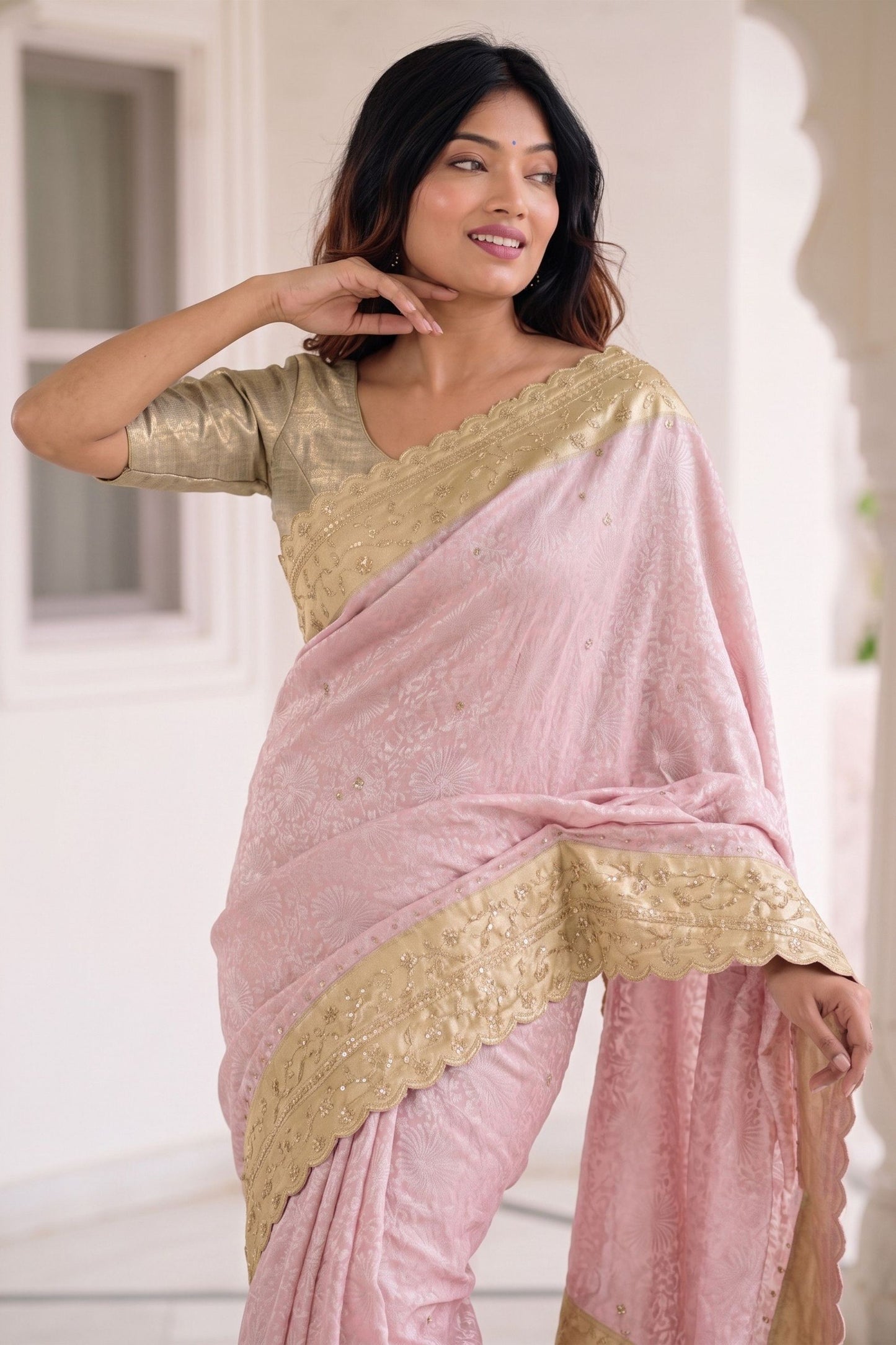 Beautiful Pink Pure Kanjivaram Silk Embroidery Work Saree for Women