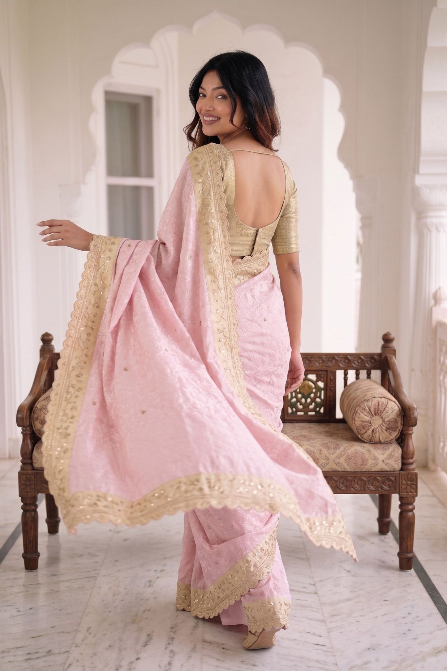 Beautiful Pink Pure Kanjivaram Silk Embroidery Work Saree for Women