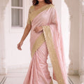 Beautiful Pink Pure Kanjivaram Silk Embroidery Work Saree for Women