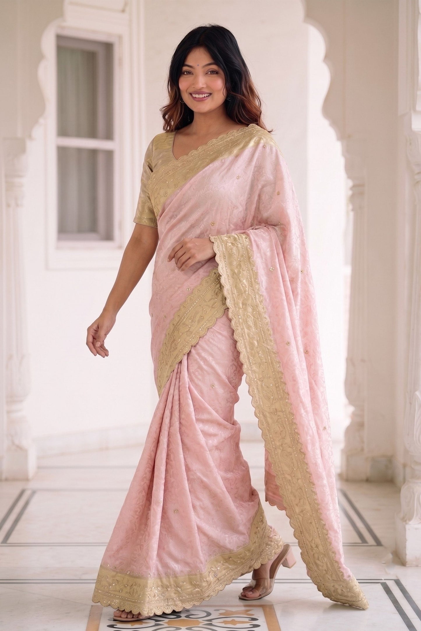 Beautiful Pink Pure Kanjivaram Silk Embroidery Work Saree for Women